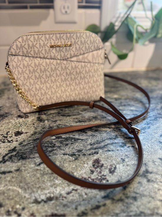 Michael Kors Handbags - Michael Kors Vanilla Logo Crossbody with Brown Strap & Gold Hardware
